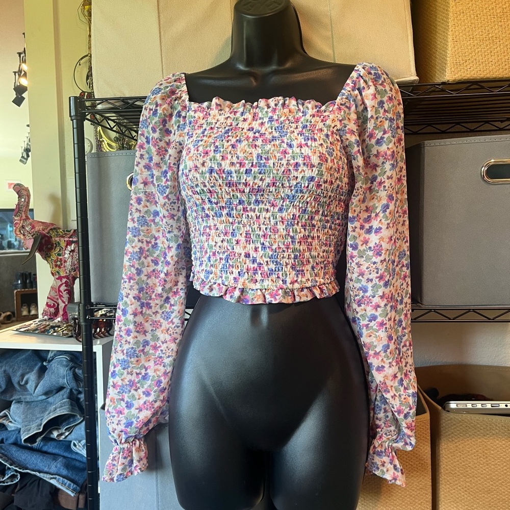 Smocked Floral Long-Sleeve Crop Top